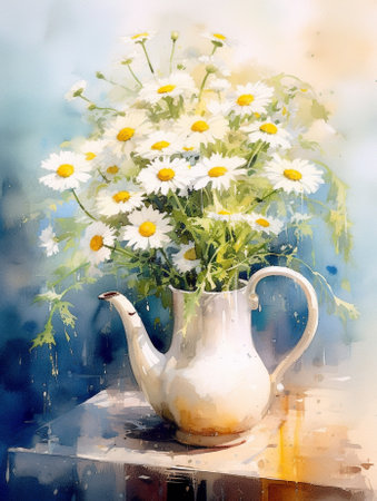 Generative AI : Bunch of chamomile daisy flowers in an enamel metal vintage jug with a vintage postcards and envelopes on a white textile backgroundの素材