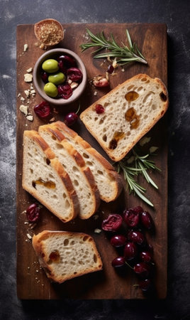 Generative AI : Ciabatta bread with black olives Wooden background Close up Top viewの素材