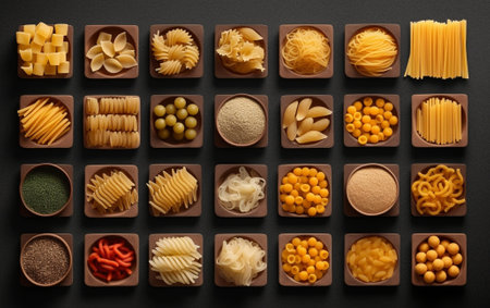 Generative AI : Different colorful handmade pasta variety on a grey stone backgroundの素材