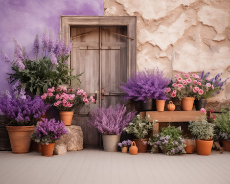 Generative AI : Boxes with violet and white flowers on the window of old brick wall houseの素材