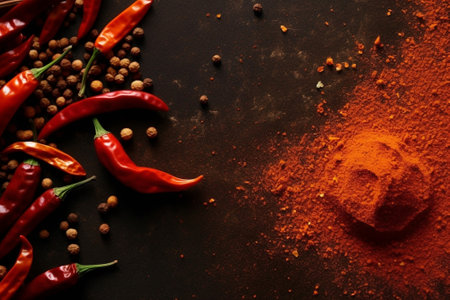 Generative AI : Dried red chili peppers on slate background Copy space Top viewの素材
