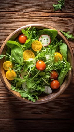 Generative AI : Fresh salad with strawberry orange and spinach in a bowl on wooden background Top view Copy spaceの素材