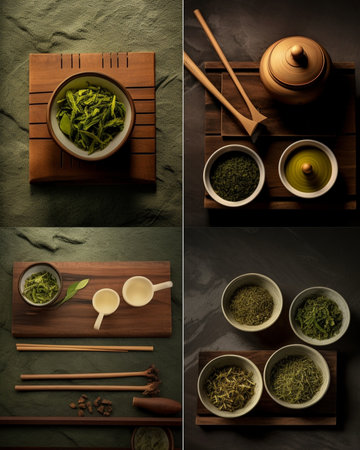 Generative AI : Green tea oolong in teapot and chawan bowls cups on a wooden tray Grey backgroundの素材