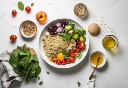 Generative AI : Lentil salad with mix vegetables in bowl Grey background Top viewの素材
