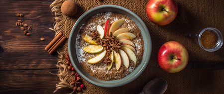 Generative AI : Overnight oats bircher muesli with apple cinnamon and honey Wooden background Copy spaceの素材