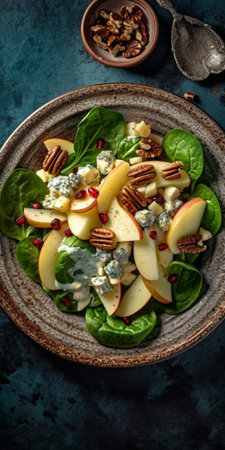 Generative AI : Kale salad with apples cranberry and nuts Grey background Top viewの素材