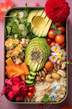 Generative AI : Lunch box with vegetables brown rice and fruits salad Healthy eating Grey background Top view Copy spaceの素材