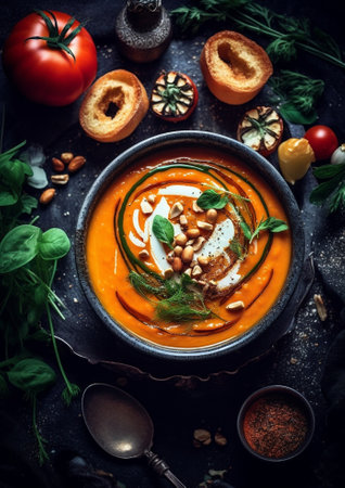 Generative AI : Pumpkin tomato cream soup in a bowl Blue wooden background Copy space Top viewの素材