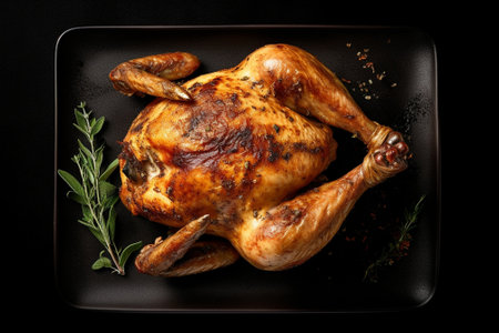 Generative AI : Roasted baked chicken with potatoes and herbs on dark plate Grey background Copy space Top viewの素材