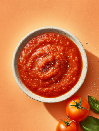 Generative AI : Tomato sauce with basil in a glass jar with fresh tomatoes Grey background Top view Copy spaceの素材