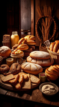 Generative AI : Assortment of rustic bread on wooden table background Composition with bread slices and rolls Copy spaceの素材