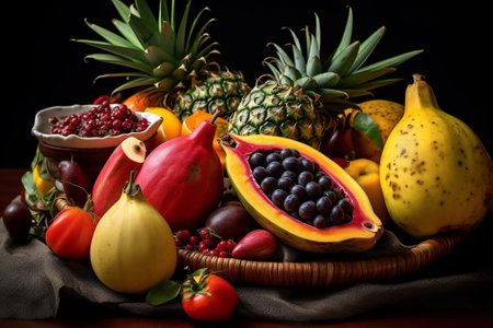 Generative AI : Assortment of tropical exotic fruits dragon fruit bananas passion fruit longan rambutan on a wooden backgroundの素材