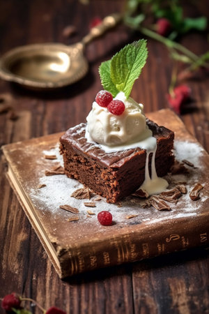 Generative AI : Brownies with fresh raspberry on a blue plate on a wooden background Selective focusの素材
