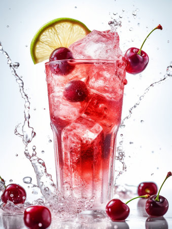 Generative AI : Cherry Limeade lemonade cola cocktail in a tall glass on a white turquoise background Copy spaceの素材