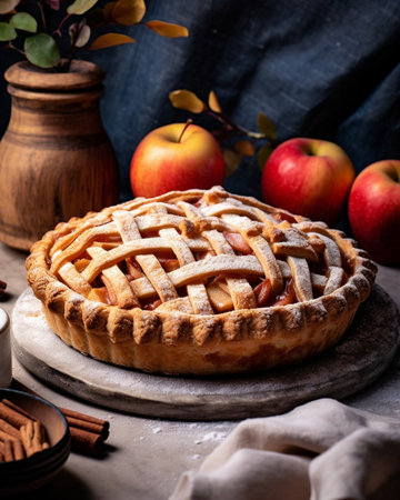 Generative AI : Apple pie with apple slices in a ceramic baking dish on a textile backgroundの素材