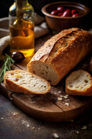 Generative AI : Ciabatta bread bruschetta with olive tapenade Wooden backgroundの素材