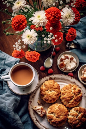 Generative AI : Healthy vegan carrot muffins with ricotta cheese and cup of tea Blue stone background Top viewの素材