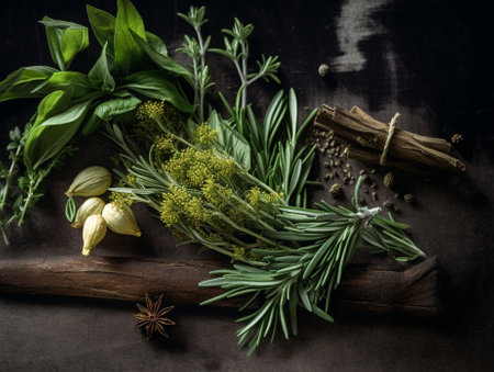 Generative AI : Fresh herbs and spices on a rustic textile background Top viewの素材