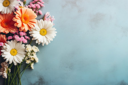 Generative AI : Colorful bunch of gerbera flowers on blue stone background Top view Copy spaceの素材