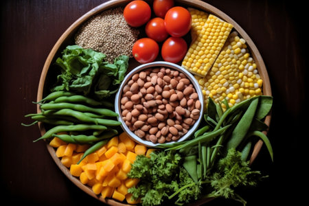 Generative AI : Healthy vegetarian salad Lentil chickpea carrot pumpkin tomatoes cucumber Wooden background Top viewの素材