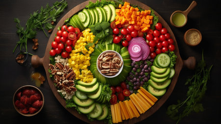 Generative AI : Healthy vegetarian salad Buddha bowl Wooden cracked background Top view Copy spaceの素材