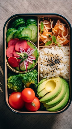 Generative AI : Lunch box with vegetables brown rice and fruits salad Healthy eating Grey background Top viewの素材