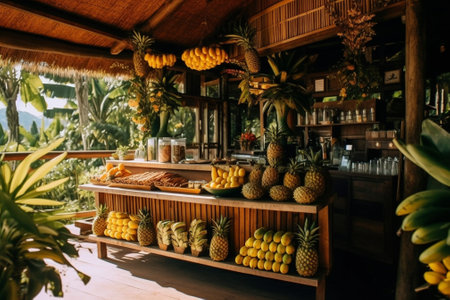 Generative AI : Juice Bar with assorted fresh fruits and vegetables Tropical summer outdoor backgroundの素材