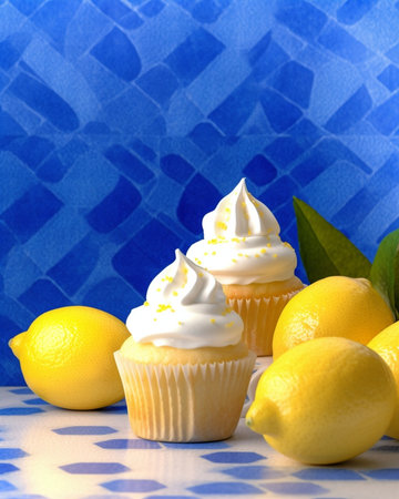 Generative AI : Lemon muffins cakes financiers Blue stone backgroundの素材