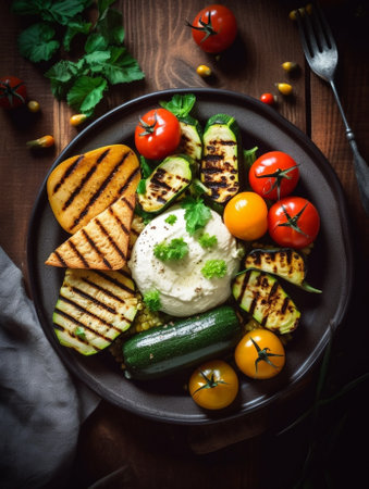 Generative AI : Grilled vegetables salad with feta cheese in white plate Wooden background Copy spaceの素材