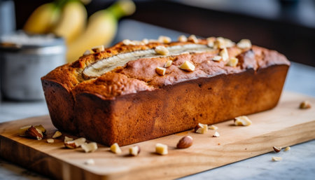 Generative AI : Healthy vegan oat and banana loaf bread cake Blue wooden background Copy spaceの素材