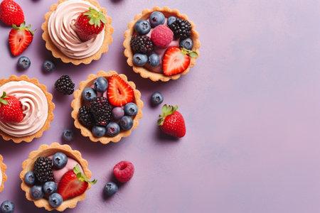 Generative AI : Muffinscakes with fresh berries and honey on cooling rack Top view Copy spaceの素材