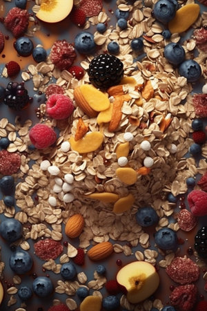 Generative AI : Granola muesli Healthy breakfast Organic oats with apples berries and nuts Wooden backgroundの素材