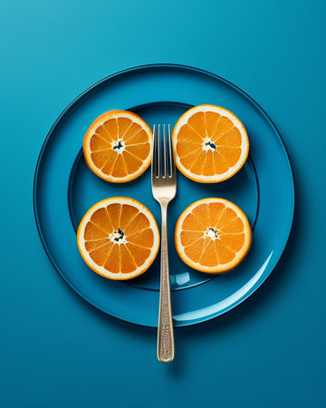 Generative AI : Oranges on blue background Flat lay composition Top viewの素材
