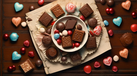 Generative AI : Love word heart and lips shaped chocolate candies with chocolate bars on slate backgroundの素材