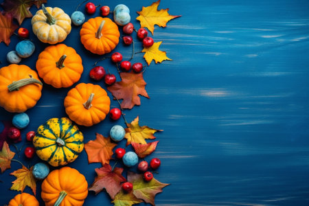 Generative AI : Pumpkins variety with autumn leaves Blue wooden background Copy spaceの素材