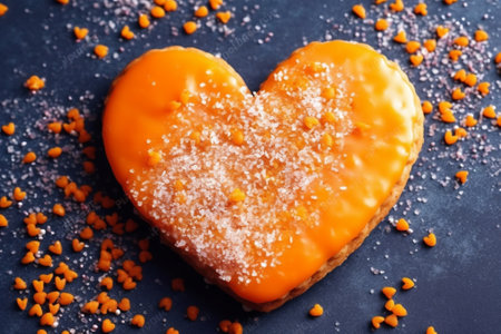 Generative AI : Heart shaped glazed cookie decorated with sugared rose petals Isolated on white Top view Copy spaceの素材