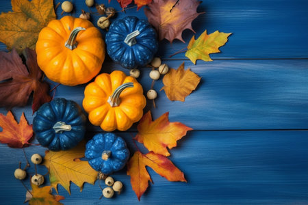 Generative AI : Pumpkins variety with autumn leaves Blue wooden background Copy space Top viewの素材
