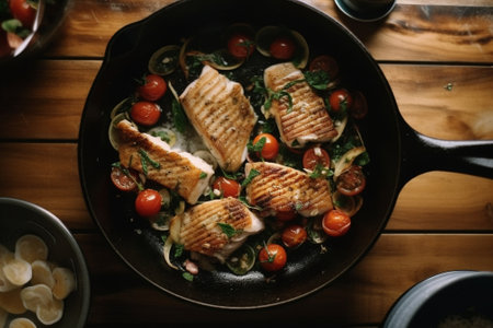 Generative AI : Mussels with herbs and sauce in black pan Copy space Top viewの素材