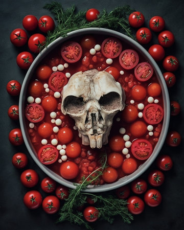 Generative AI : Roasted cherry tomatoes with herbs in baking dish Top view Food backgroundの素材