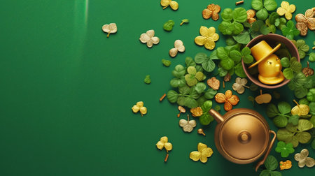 Generative AI : Shamrock cookies St Patricks Day dessert Green textile background Copy space Top viewの素材