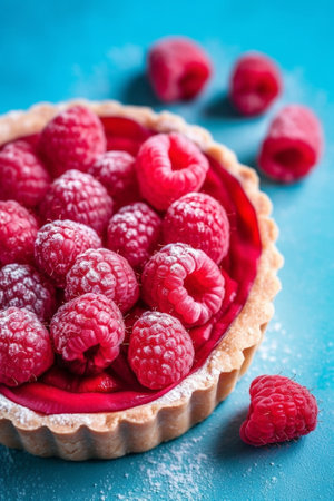 Generative AI : Raspberry tart with white chocolate on slate board Black stone background Copy spaceの素材