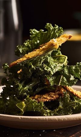 Generative AI : Raw kale leaves on a parchment paper chips cooking process Close upの素材