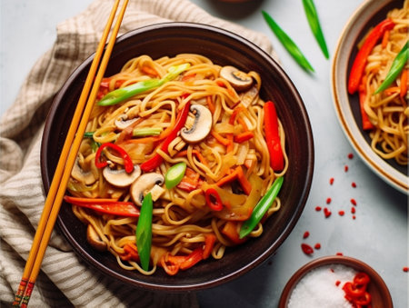 Generative AI : Stir fry noodles udon with vegetables in lunch box Grey background Copy space Top viewの素材