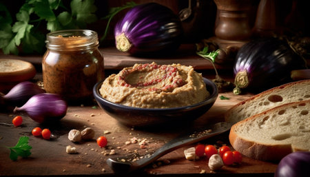 Generative AI : Traditional arabian eggplant dip baba ganoush with herbs and smoked paprika on a wooden backgroundの素材