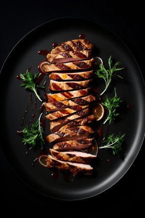 Generative AI : Roasted lamb leg on a plate Black background Close up Top viewの素材
