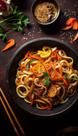 Generative AI : Stir fry noodles with vegetables and shrimps in black iron pan Slate background Top viewの素材