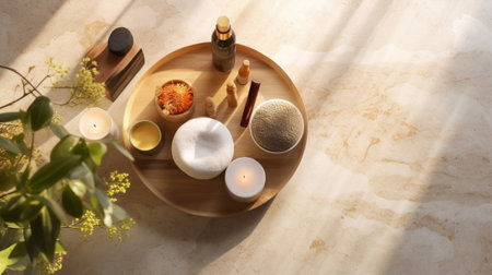 Generative AI : Spa massage wellness treatments set Marble background Copy space Top viewの素材