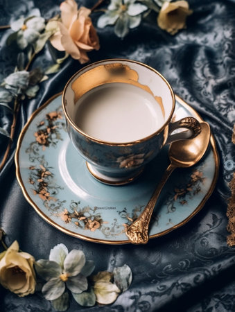 Generative AI : Vintage antique porcelain plates cup and mug with flowers Gray background Close upの素材