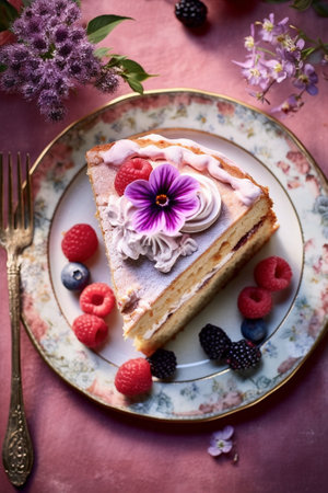 Generative AI : Raspberry layerd cake decorated with violet flowers and tea cup Grey stone background Top viewの素材