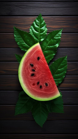 Generative AI : Watermelon cut on colorful wooden background with palm leaf Top viewの素材
